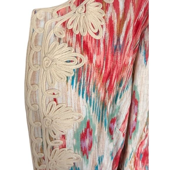 Chico’s Open Front Linen Cotton Jacket Ikat Print Crochet Trim Size 3 XL - Picture 3 of 6